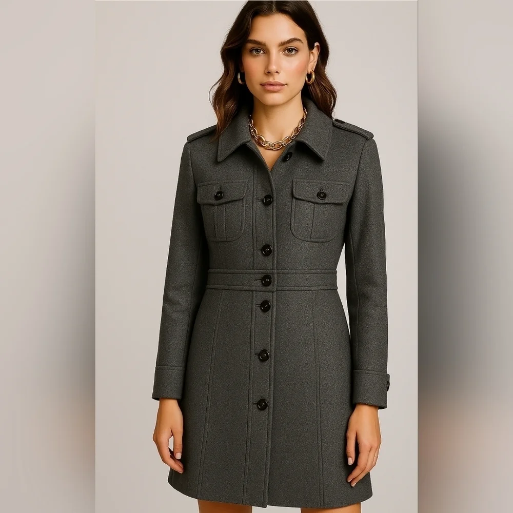 Women's Coat Kenneth Cole Wool Gray Coat Mid Knee Length Size 10 New $370